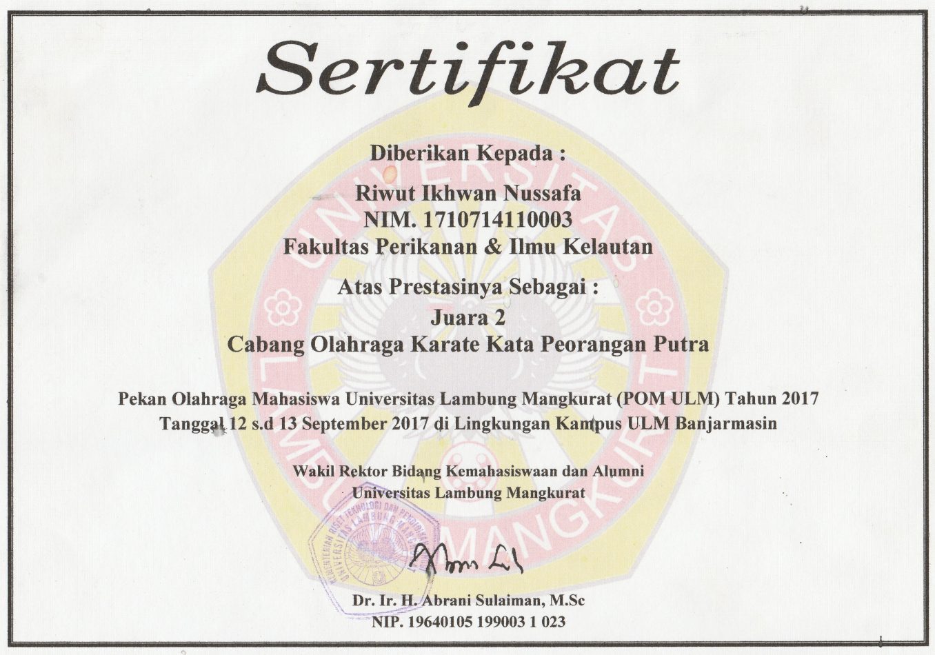 Juara 2 Cabang Olahraga Karate Kata Perorangan Putra